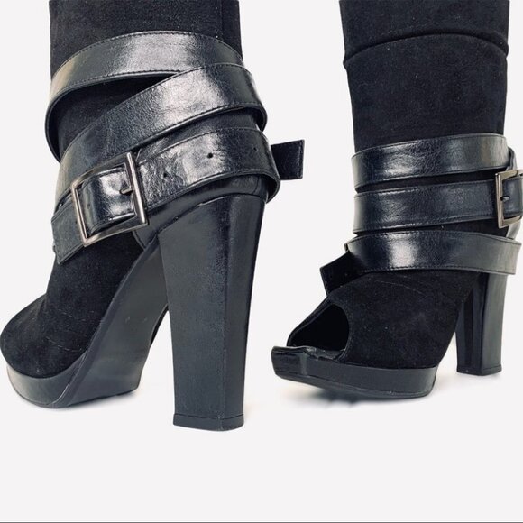 SEPALA BY MIHAELA GLAVAN BELTED THICK LEATHER SUEDE HEELED OPEN TOE  ANKLE BOOTS - Picture 3 of 14